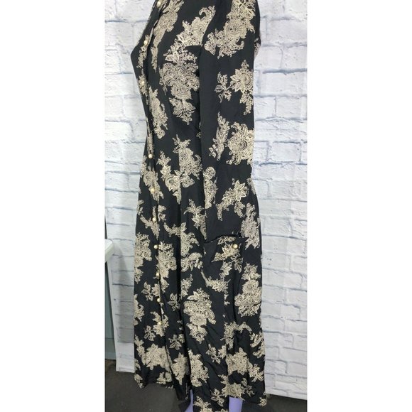 Moda Intl Long Size 6 Six Floral Boho Button Dress Rayon Made in USA Black White - Picture 6 of 12